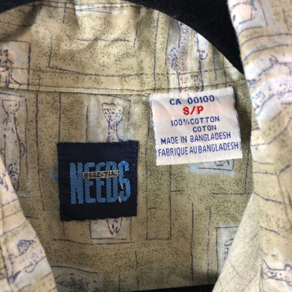 Essential Needs Mens Button Down Shirt Novelty Fish Print Cotton Beige S - Picture 4 of 4